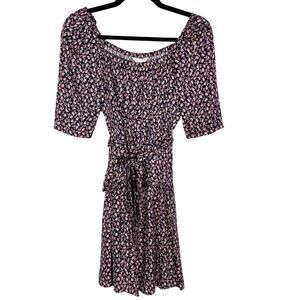 New Rebecca Taylor 0 Navy Blue Pink Francesca Floral Square Neck Short Dress